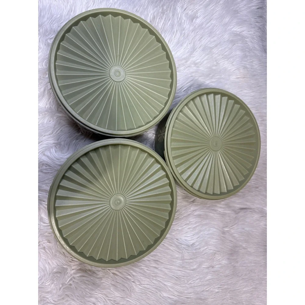 Vintage Tupperware Servalier Set of 3 Avocado Green White Starburst Canisters